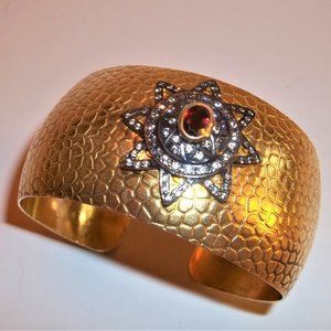 GOLD PLATED GARNET CZ CUFF BRACELET- hammered metal,textured w/bezel set stone